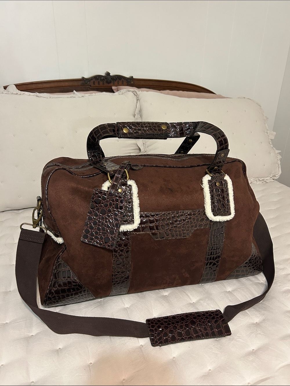 Bath & Body Works Brown Suede Duffel Bag with Croc Trim and White Fur — OS